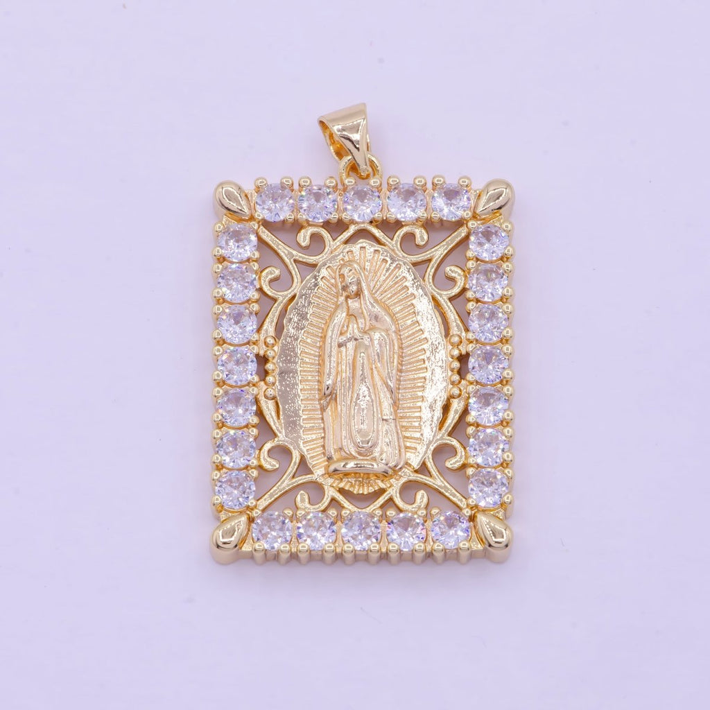 18K Gold plated Lady Guadalupe Pendant Micro Pave Medallion Virgin Mary Rectangle Tag Catholic Jewelry Pendant X-461 - DLUXCA