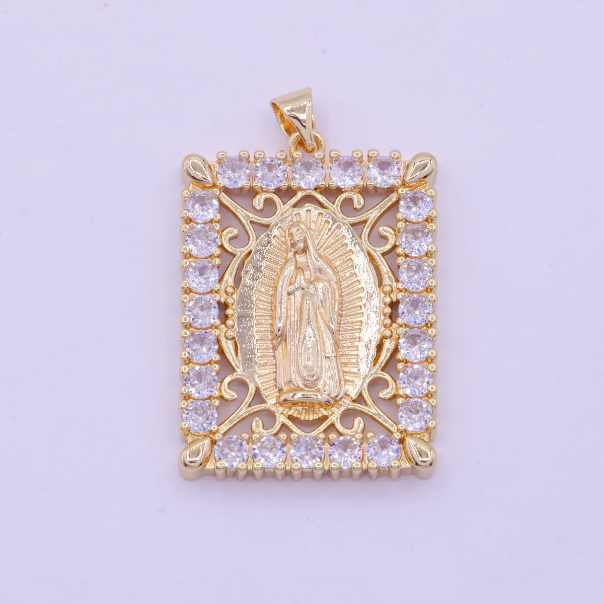 18K Gold plated Lady Guadalupe Pendant Micro Pave Medallion Virgin Mary Rectangle Tag Catholic Jewelry Pendant X-461 - DLUXCA