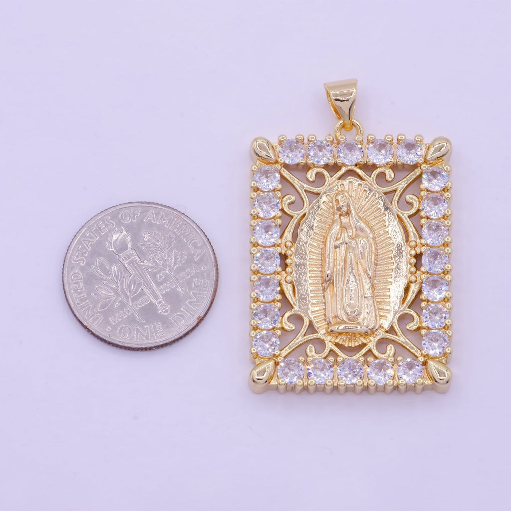 18K Gold plated Lady Guadalupe Pendant Micro Pave Medallion Virgin Mary Rectangle Tag Catholic Jewelry Pendant X-461 - DLUXCA