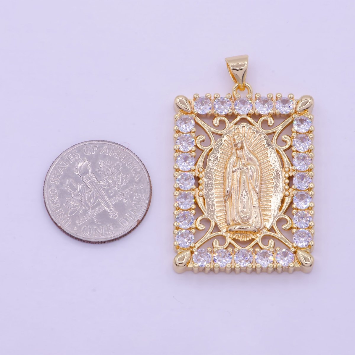 18K Gold plated Lady Guadalupe Pendant Micro Pave Medallion Virgin Mary Rectangle Tag Catholic Jewelry Pendant X-461 - DLUXCA