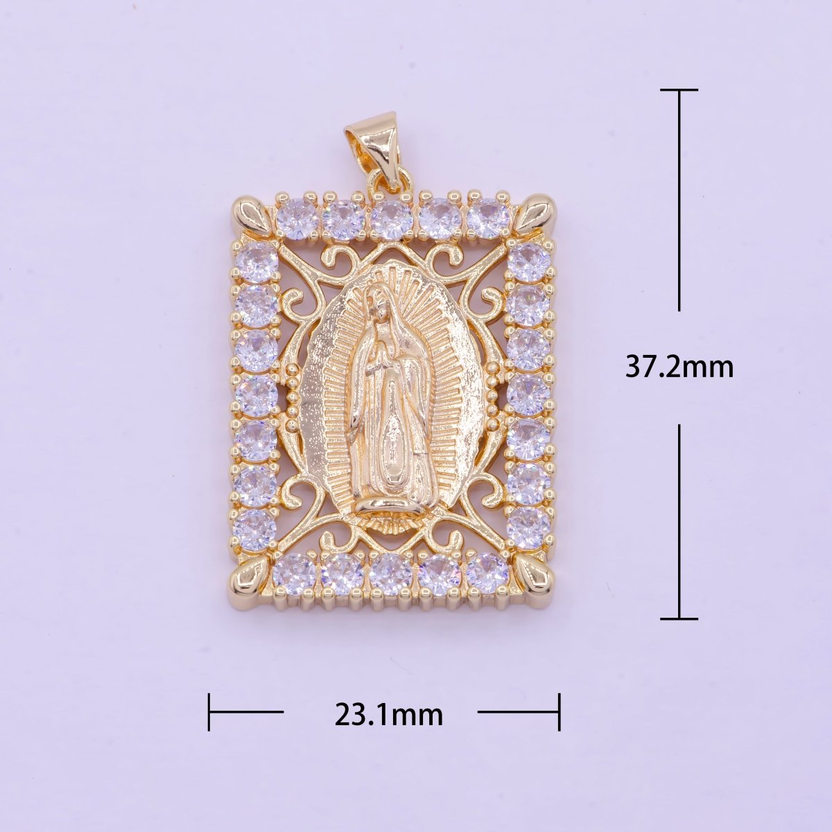 18K Gold plated Lady Guadalupe Pendant Micro Pave Medallion Virgin Mary Rectangle Tag Catholic Jewelry Pendant X-461 - DLUXCA