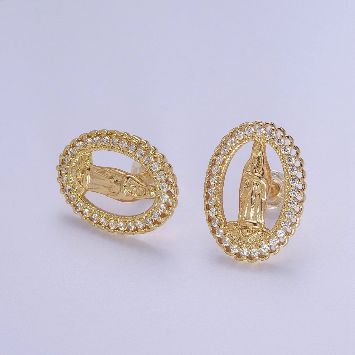 18K Gold plated Lady Guadalupe Stud Earring with Clear Rainbow Cubic Zirconia V-102 V-103 - DLUXCA