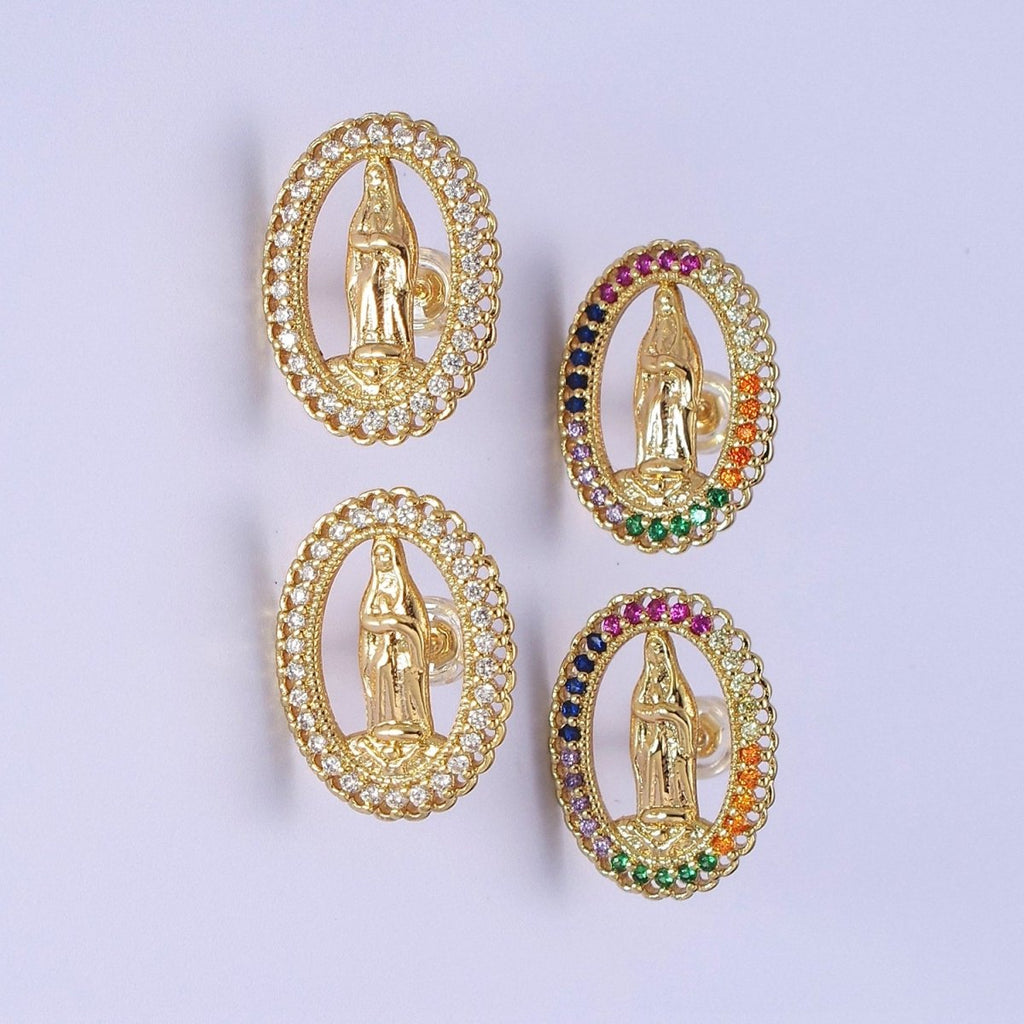 18K Gold plated Lady Guadalupe Stud Earring with Clear Rainbow Cubic Zirconia V-102 V-103 - DLUXCA