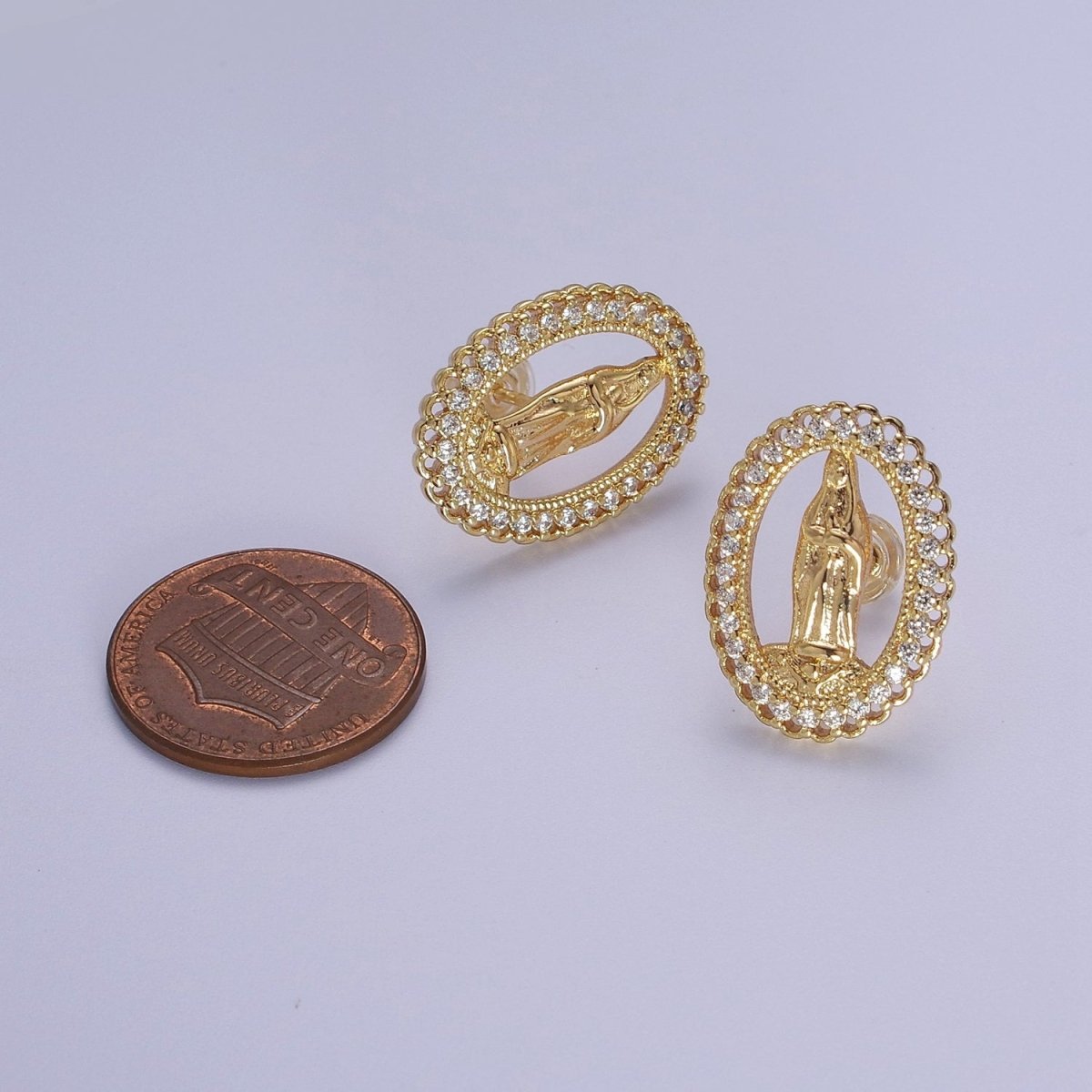 18K Gold plated Lady Guadalupe Stud Earring with Clear Rainbow Cubic Zirconia V-102 V-103 - DLUXCA