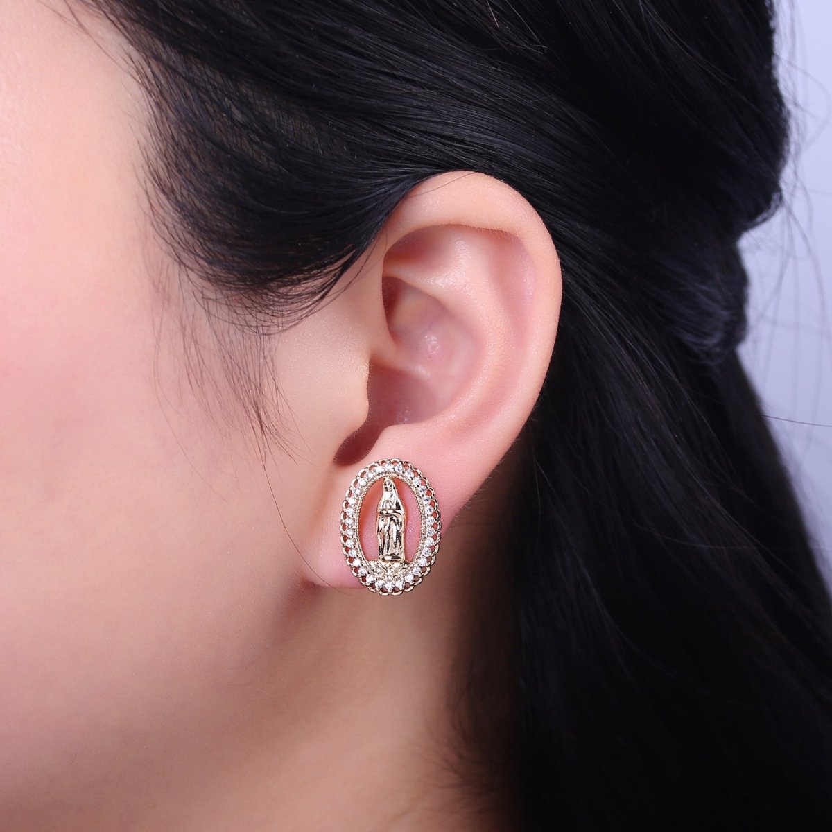 18K Gold plated Lady Guadalupe Stud Earring with Clear Rainbow Cubic Zirconia V-102 V-103 - DLUXCA