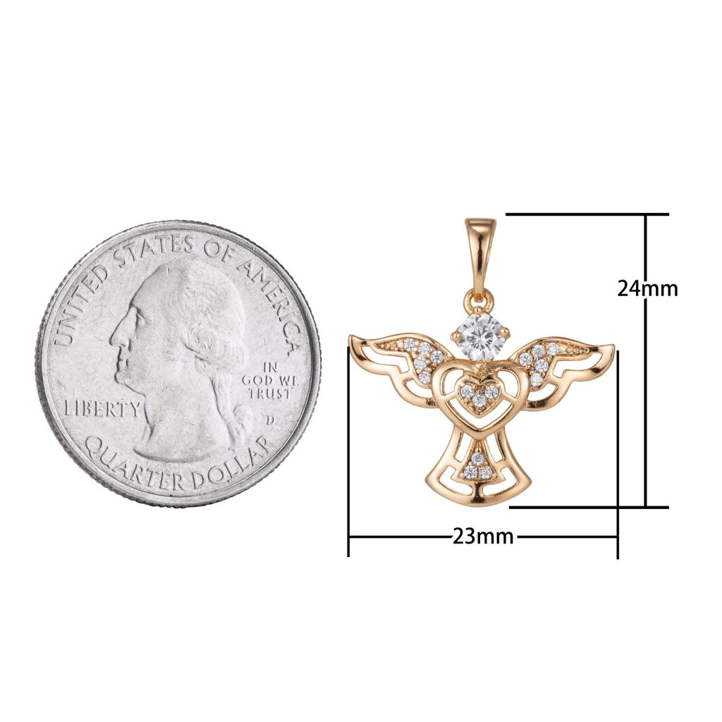 18k Gold plated Micro Pave CZ Angel Wing Heart Pendant Charm, Micro Pave CZ Pendant Charm, Gold plated Pendant, For DIY Jewelry I-384 - DLUXCA