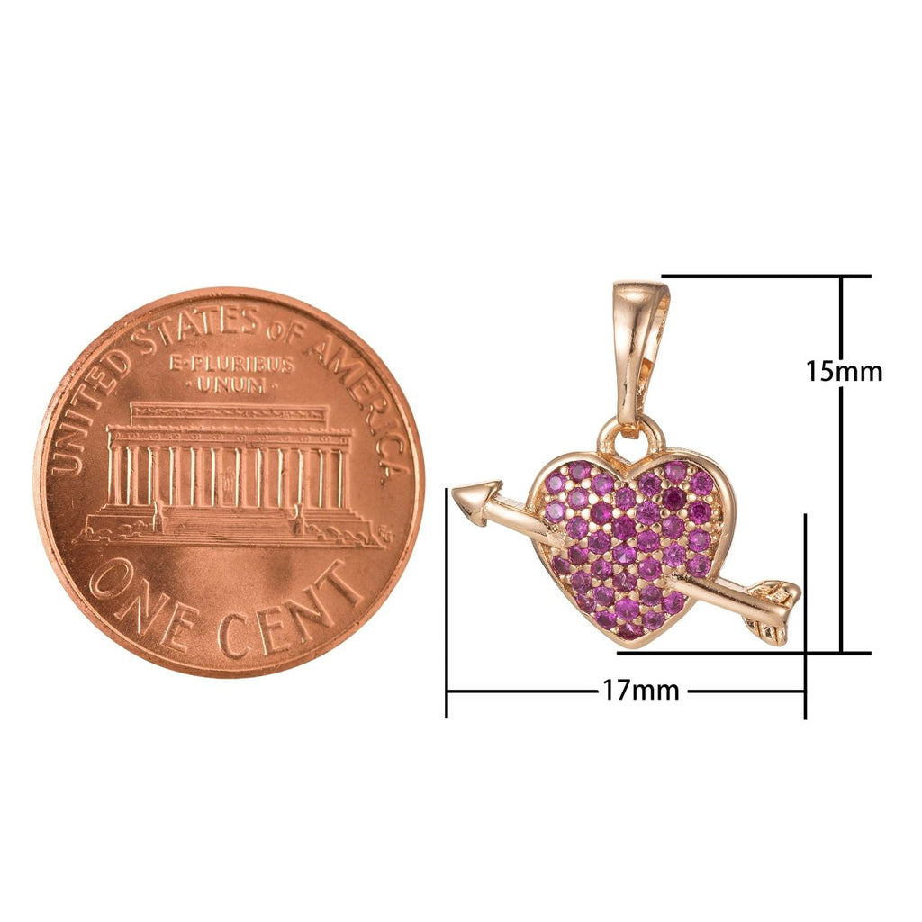 18k Gold plated Micro Pave CZ Arrowed Heart Pendant Charm, Heart with Cupid Arrow Pendant Charm, Gold plated Pendant, For DIY Jewelry I-417 I-497