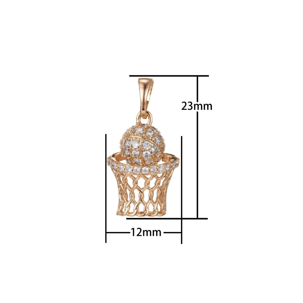 18k Gold plated Micro Pave CZ Basketball Pendant Charm, Micro Pave CZ Slam Dunk Pendant Charm, Gold plated Pendant, For DIY Jewelry I-415 - DLUXCA