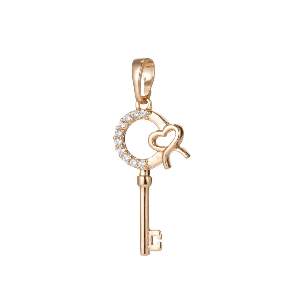 18k Gold plated Micro Pave CZ Heart Key Pendant Charm, Micro Pave CZ Key Pendant Charm, Gold plated Key Pendant, For DIY Jewelry I-538 - DLUXCA