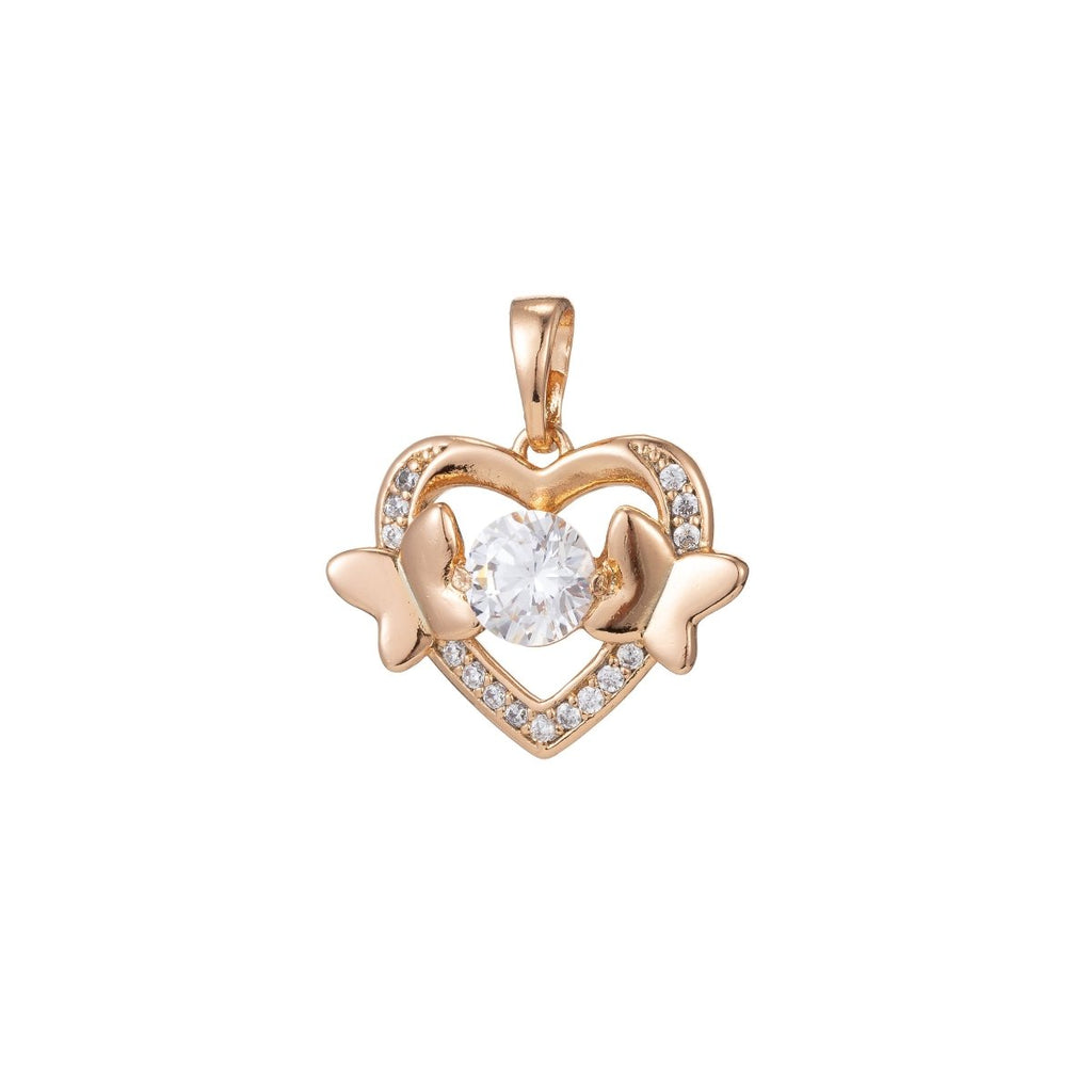 18k Gold plated Micro Pave CZ Heart Pendant Charm, Hearts with Dual Butterfly Pendant Charm, Gold plated Heart Pendant, For DIY Jewelry I-416 - DLUXCA