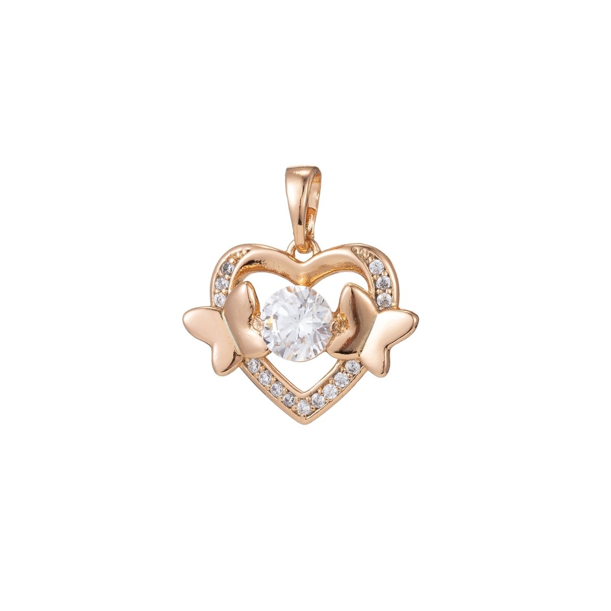 18k Gold plated Micro Pave CZ Heart Pendant Charm, Hearts with Dual Butterfly Pendant Charm, Gold plated Heart Pendant, For DIY Jewelry I-416 - DLUXCA