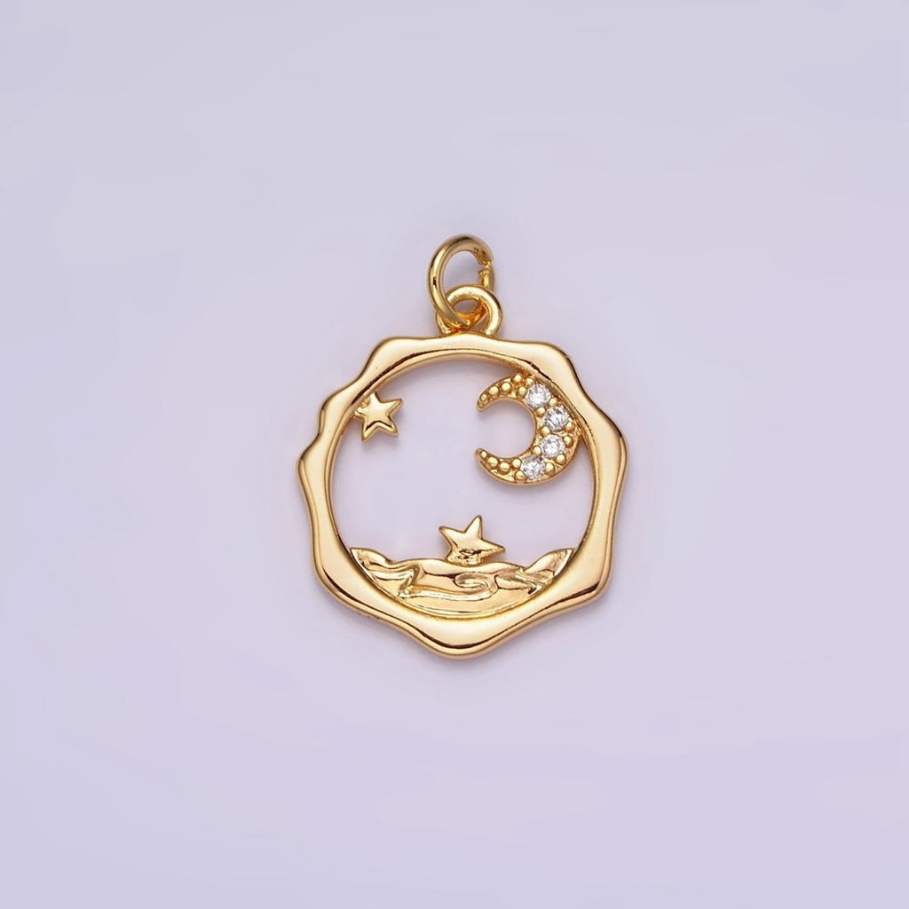 18K Gold plated Micro Paved CZ Celestial Stars Crescent Moon Sea Open Wavy Round Charm | N1652 - DLUXCA