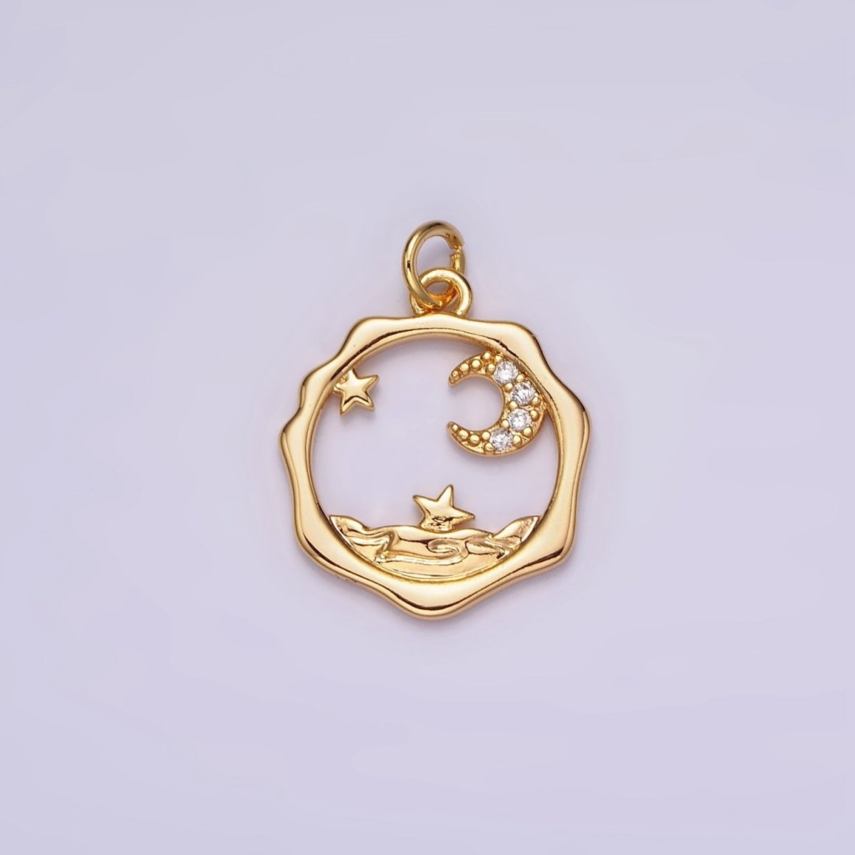 18K Gold plated Micro Paved CZ Celestial Stars Crescent Moon Sea Open Wavy Round Charm | N1652 - DLUXCA