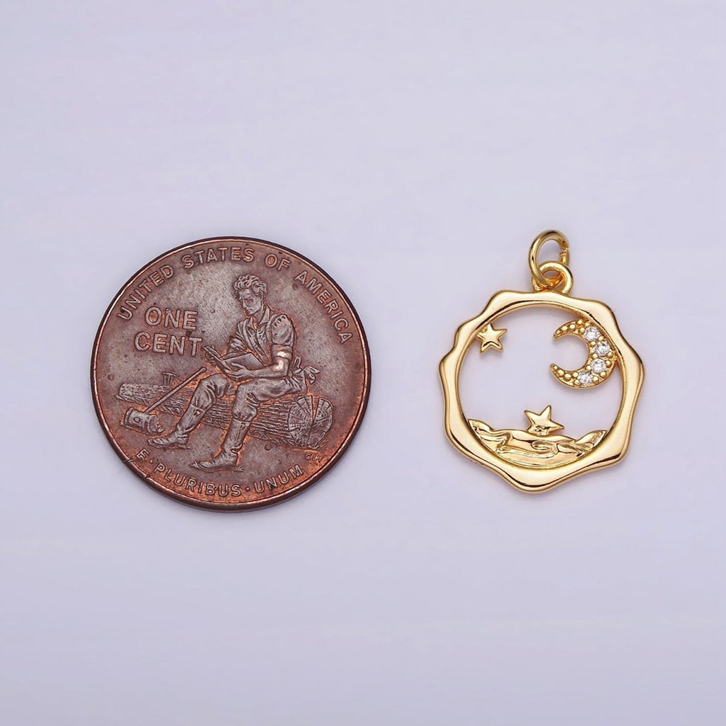 18K Gold plated Micro Paved CZ Celestial Stars Crescent Moon Sea Open Wavy Round Charm | N1652 - DLUXCA