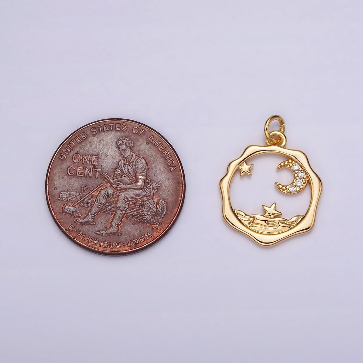 18K Gold plated Micro Paved CZ Celestial Stars Crescent Moon Sea Open Wavy Round Charm | N1652 - DLUXCA