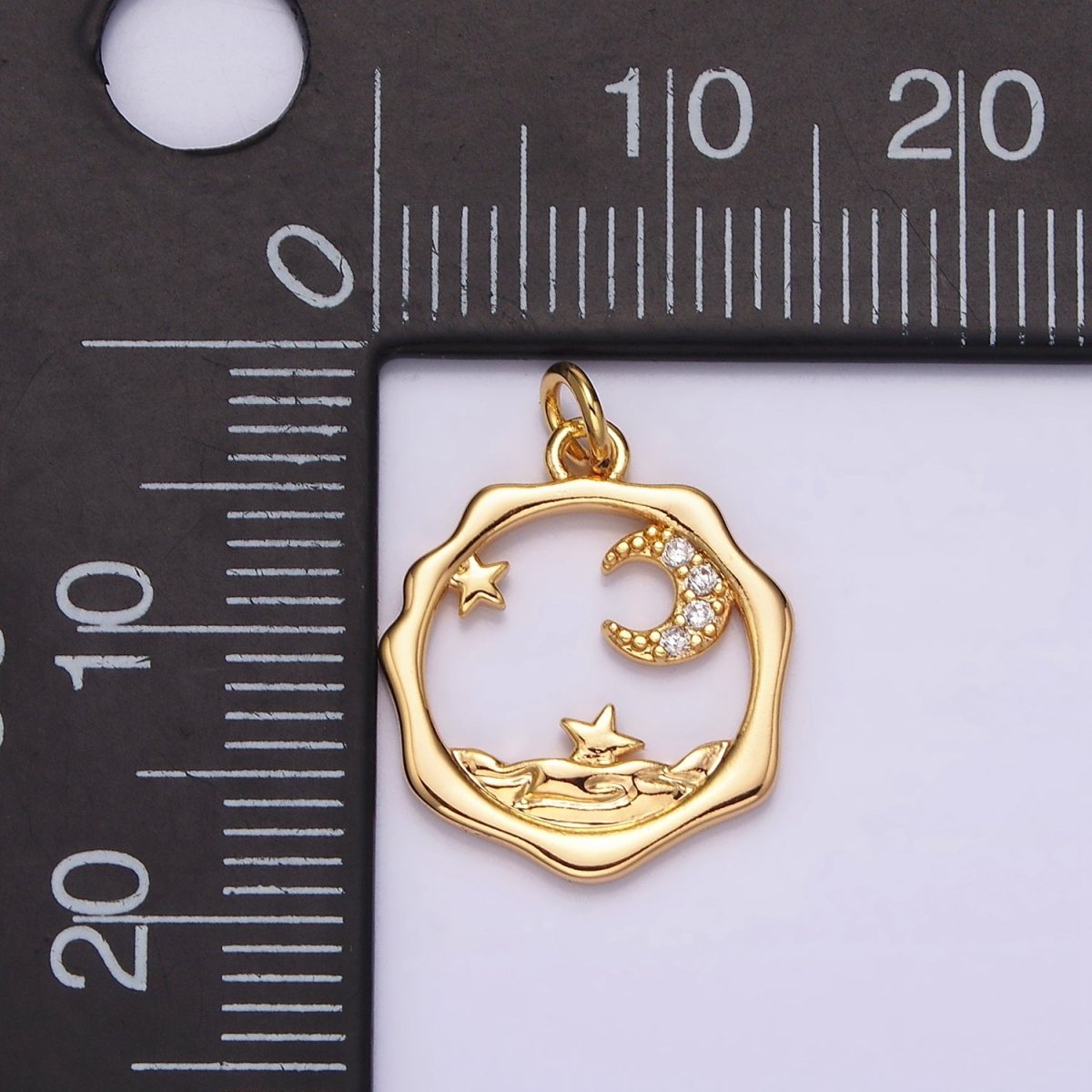 18K Gold plated Micro Paved CZ Celestial Stars Crescent Moon Sea Open Wavy Round Charm | N1652 - DLUXCA