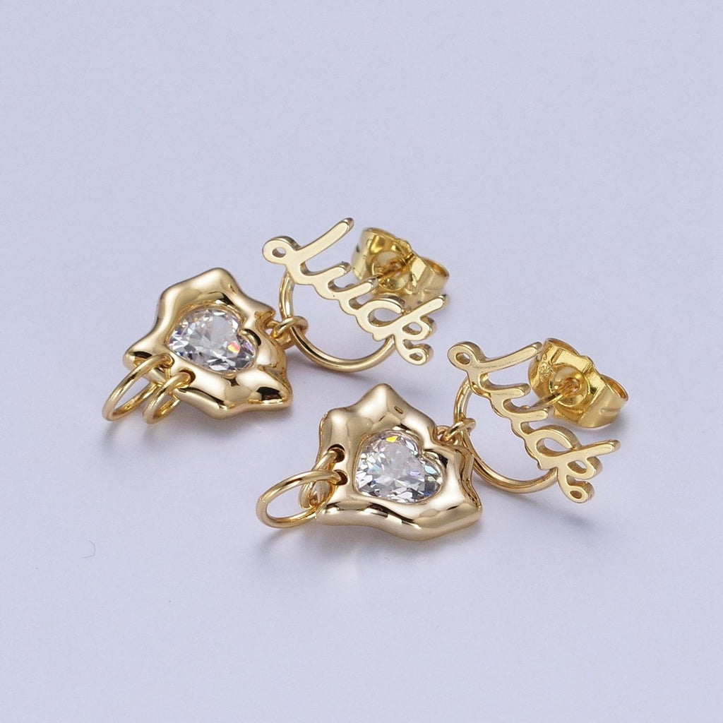 18K Gold plated Minimalist Stud Earring "Luck" Earring with Cubic Zirconia Crystal Heart, Perfect for Everyday Wear or Gift | X916 - DLUXCA