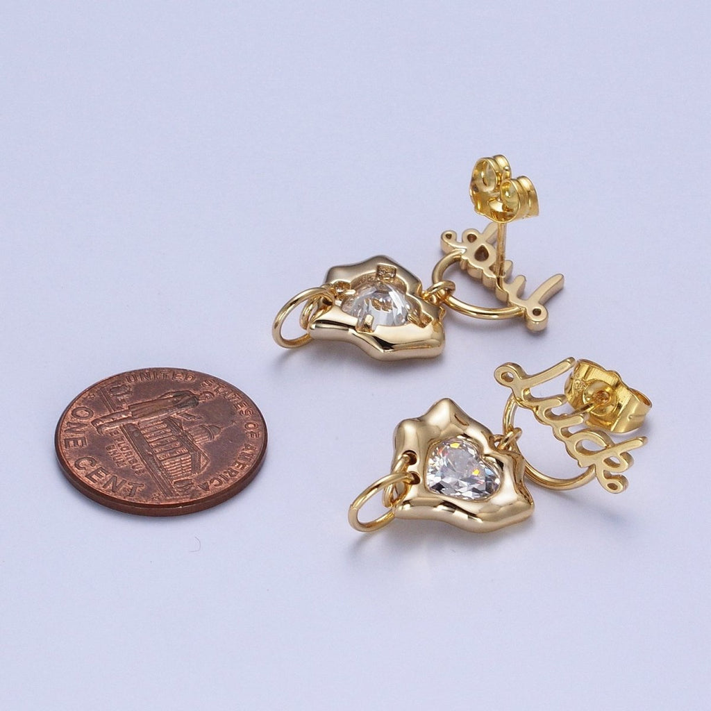 18K Gold plated Minimalist Stud Earring "Luck" Earring with Cubic Zirconia Crystal Heart, Perfect for Everyday Wear or Gift | X916 - DLUXCA