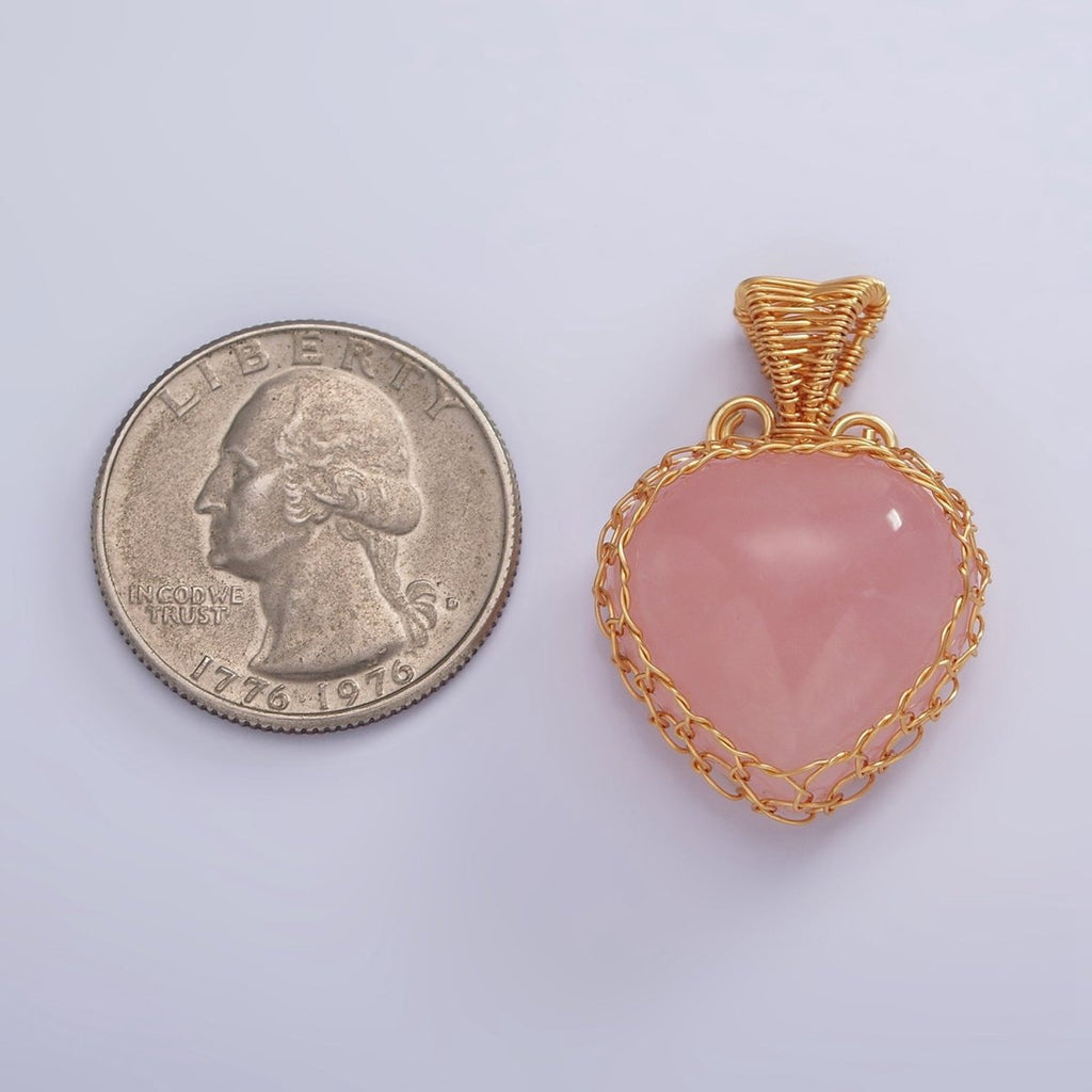 18K Gold plated Natural Gemstone Pink Rose Quartz Strawberry Handmade Wire Wrapped Pendant | AA627 - DLUXCA
