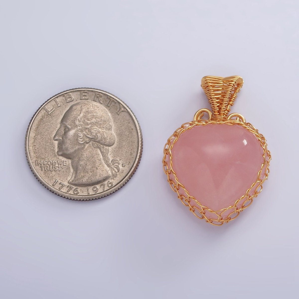 18K Gold plated Natural Gemstone Pink Rose Quartz Strawberry Handmade Wire Wrapped Pendant | AA627 - DLUXCA