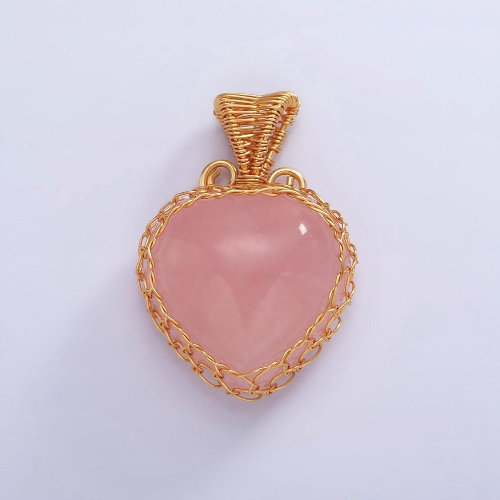 18K Gold plated Natural Gemstone Pink Rose Quartz Strawberry Handmade Wire Wrapped Pendant | AA627 - DLUXCA