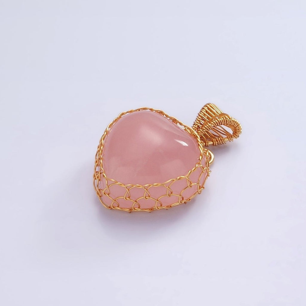 18K Gold plated Natural Gemstone Pink Rose Quartz Strawberry Handmade Wire Wrapped Pendant | AA627 - DLUXCA
