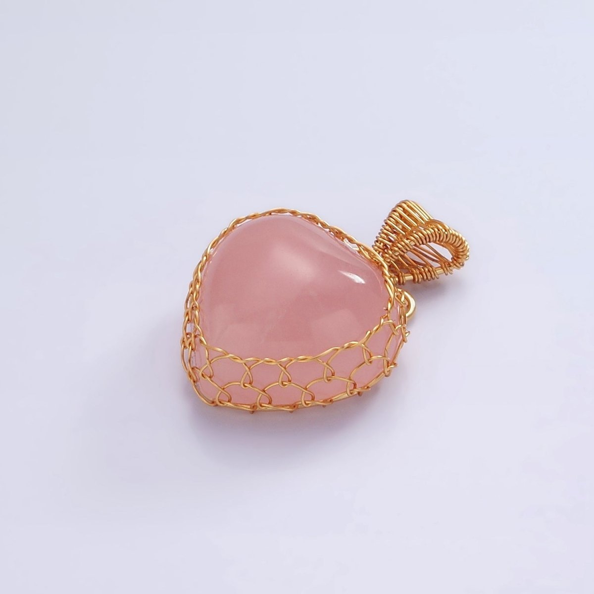 18K Gold plated Natural Gemstone Pink Rose Quartz Strawberry Handmade Wire Wrapped Pendant | AA627 - DLUXCA