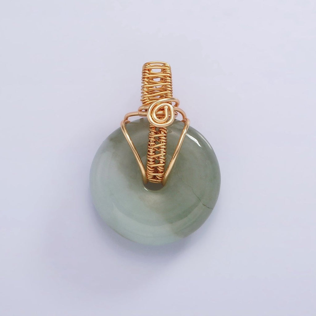 18K Gold plated Natural Jade Round Donut Handmade Wire Wrapped Pendant | AA628 - DLUXCA