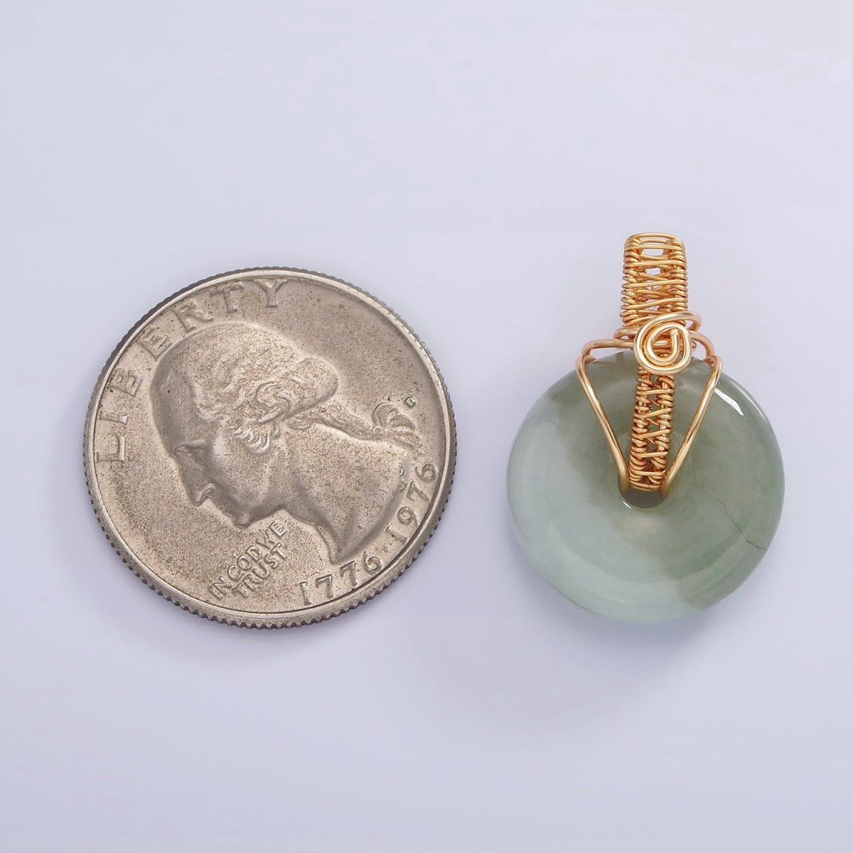 18K Gold plated Natural Jade Round Donut Handmade Wire Wrapped Pendant | AA628 - DLUXCA