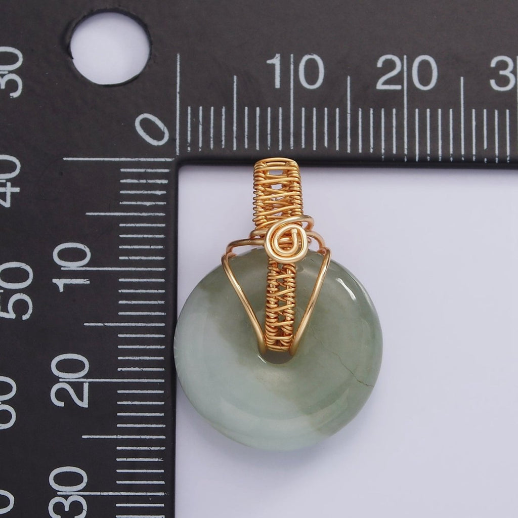 18K Gold plated Natural Jade Round Donut Handmade Wire Wrapped Pendant | AA628 - DLUXCA