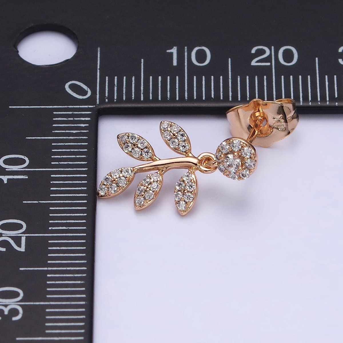 18K Gold plated Olive Leaf Nature Drop Round Micro Paved CZ Stud Earrings | AD1449 - DLUXCA