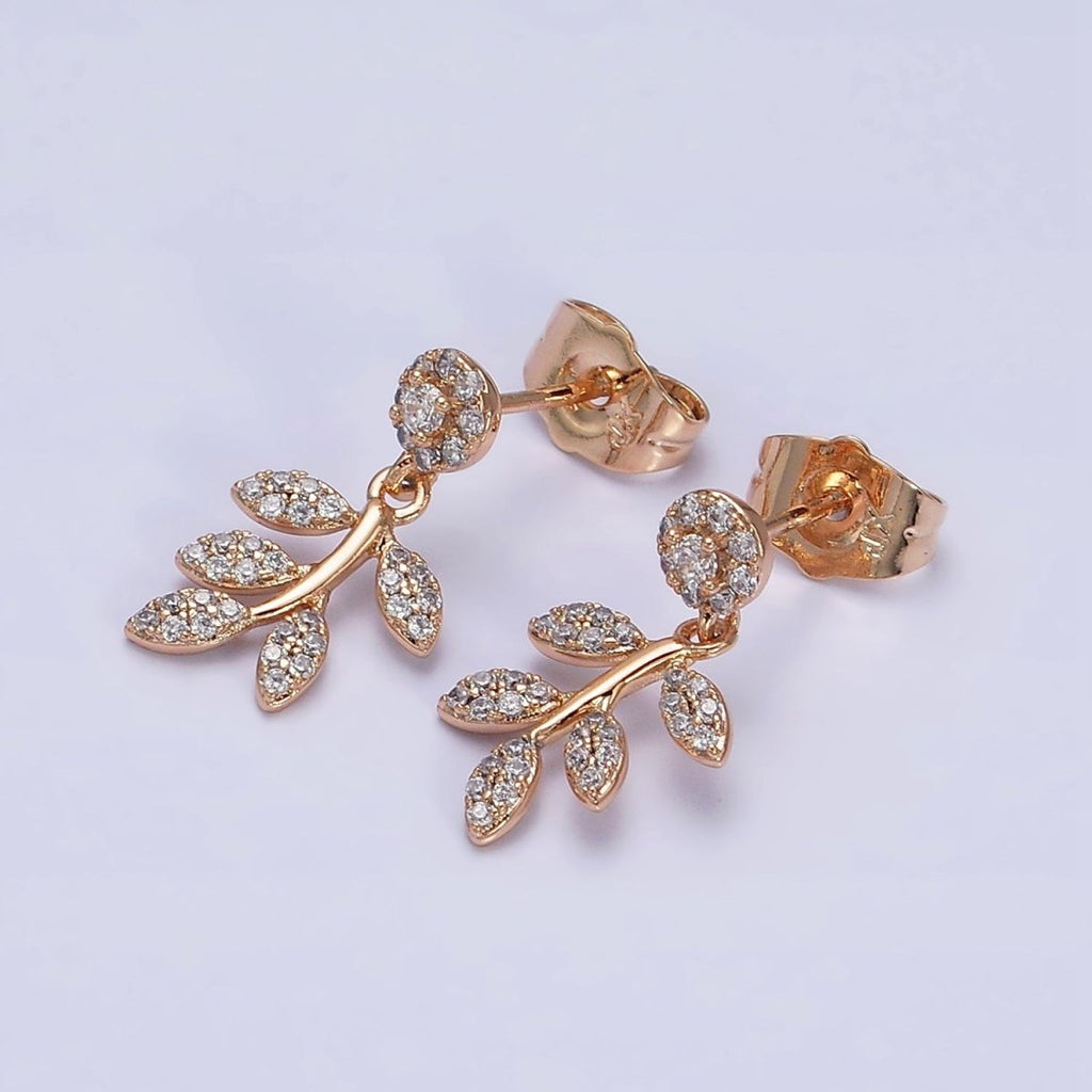 18K Gold plated Olive Leaf Nature Drop Round Micro Paved CZ Stud Earrings | AD1449 - DLUXCA