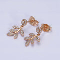 18K Gold plated Olive Leaf Nature Drop Round Micro Paved CZ Stud Earrings | AD1449 - DLUXCA