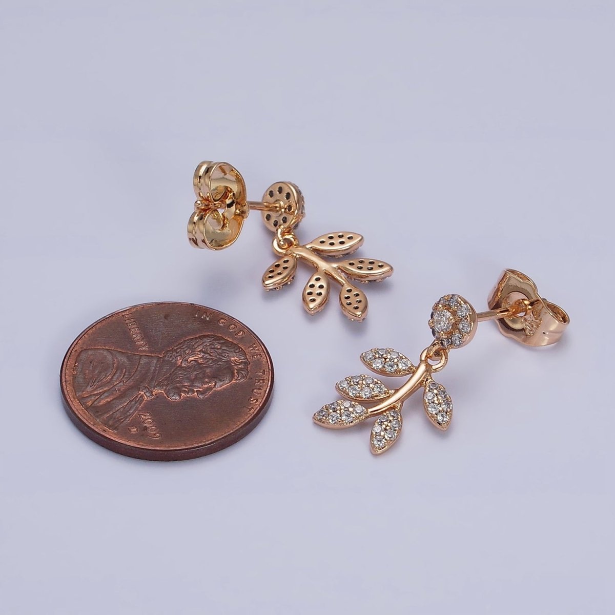 18K Gold plated Olive Leaf Nature Drop Round Micro Paved CZ Stud Earrings | AD1449 - DLUXCA