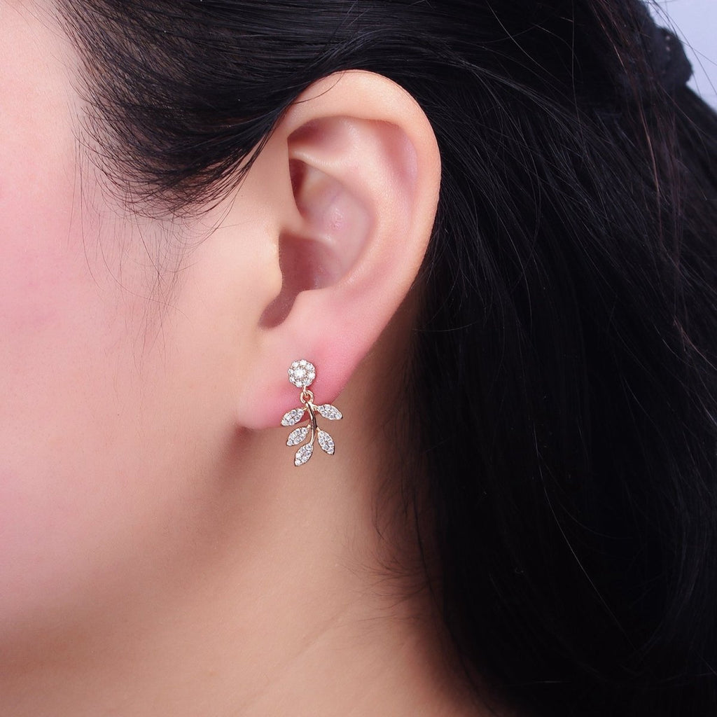 18K Gold plated Olive Leaf Nature Drop Round Micro Paved CZ Stud Earrings | AD1449 - DLUXCA
