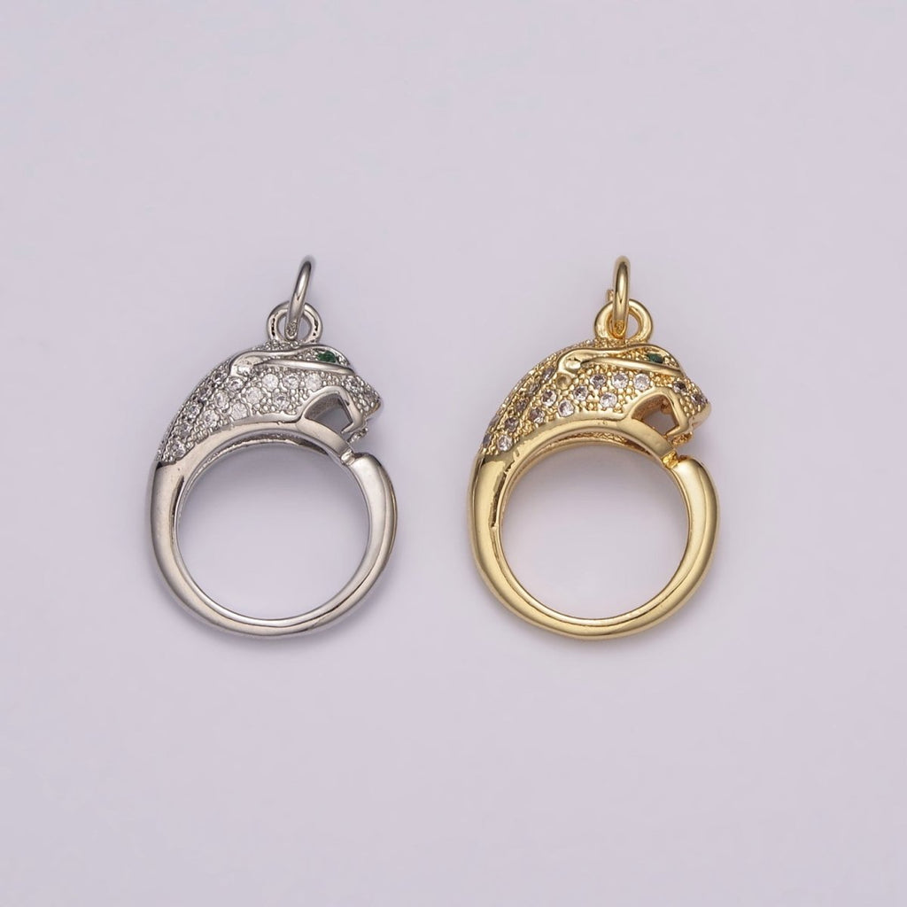 18K Gold plated Panther Charm, Panther Round CZ Micro Pave, Cubic Zirconia Panther Charms, Silver Panther Bead, Men's Jewelry E-701 E-702