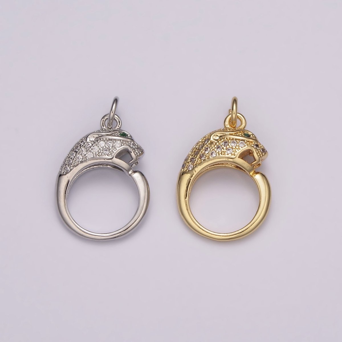 18K Gold plated Panther Charm, Panther Round CZ Micro Pave, Cubic Zirconia Panther Charms, Silver Panther Bead, Men's Jewelry E-701 E-702