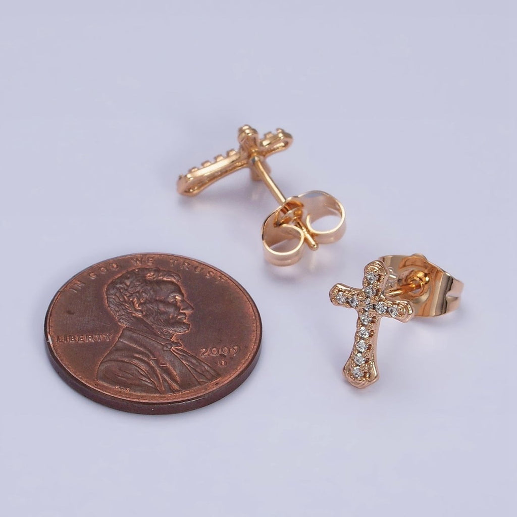18K Gold plated Passion Cross Micro Paved CZ Religious Stud Earrings | AD1457 - DLUXCA