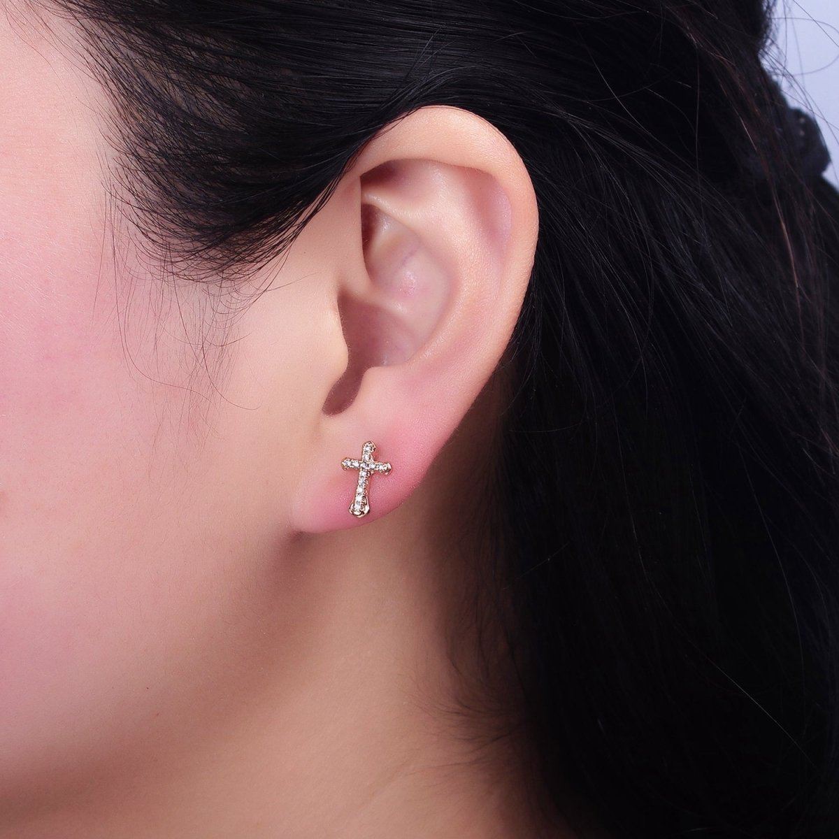18K Gold plated Passion Cross Micro Paved CZ Religious Stud Earrings | AD1457 - DLUXCA