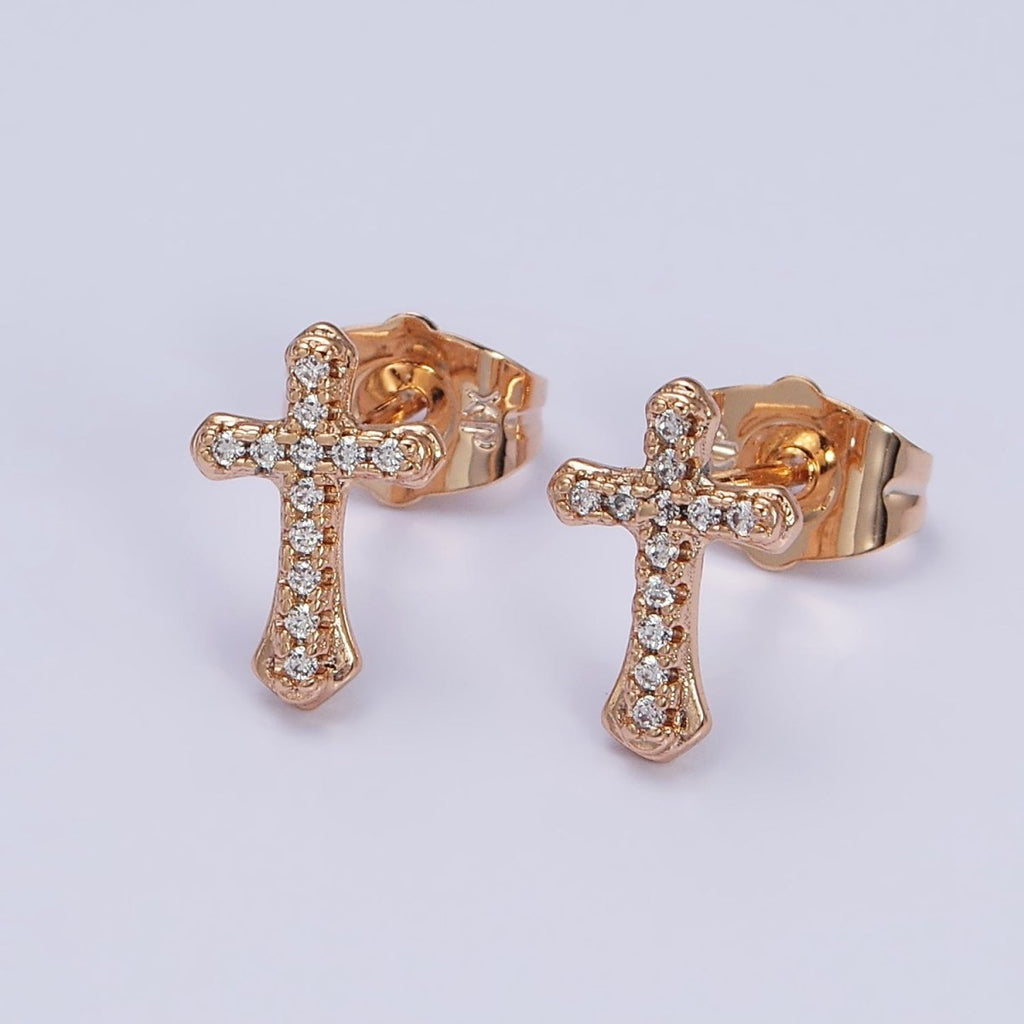 18K Gold plated Passion Cross Micro Paved CZ Religious Stud Earrings | AD1457 - DLUXCA