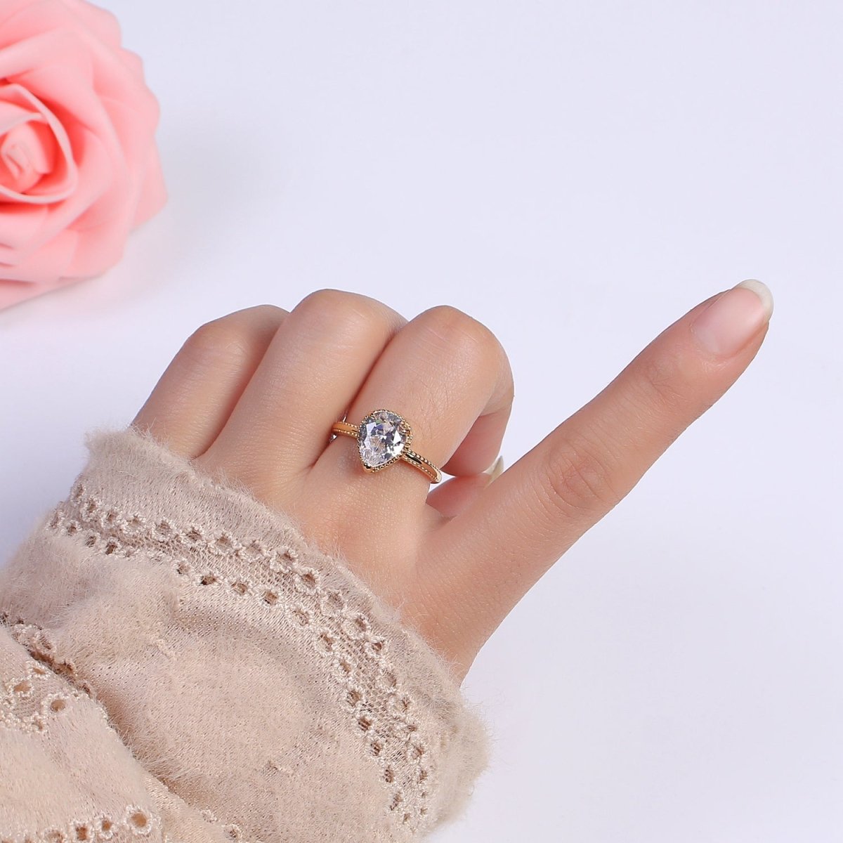18k Gold plated Pear Shaped Halo Engagement Ring Dainty Tear drop Ring , Wedding Ring Pear Cut Solitaire Ring Women S-429 ~ S-434