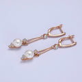 18K Gold plated Pearl CZ Double Bar Drop Dangle Micro Paved English Lock Earrings | AB296 - DLUXCA