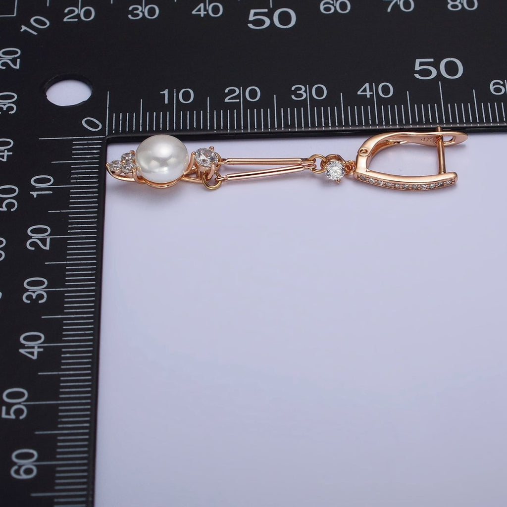 18K Gold plated Pearl CZ Double Bar Drop Dangle Micro Paved English Lock Earrings | AB296 - DLUXCA