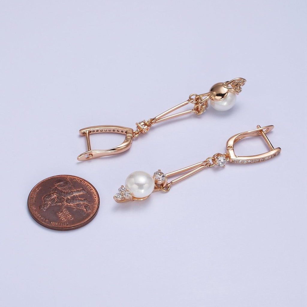 18K Gold plated Pearl CZ Double Bar Drop Dangle Micro Paved English Lock Earrings | AB296 - DLUXCA
