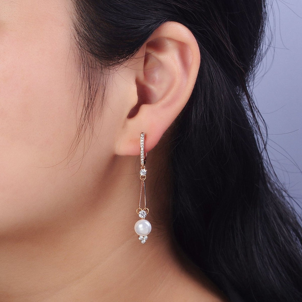 18K Gold plated Pearl CZ Double Bar Drop Dangle Micro Paved English Lock Earrings | AB296 - DLUXCA