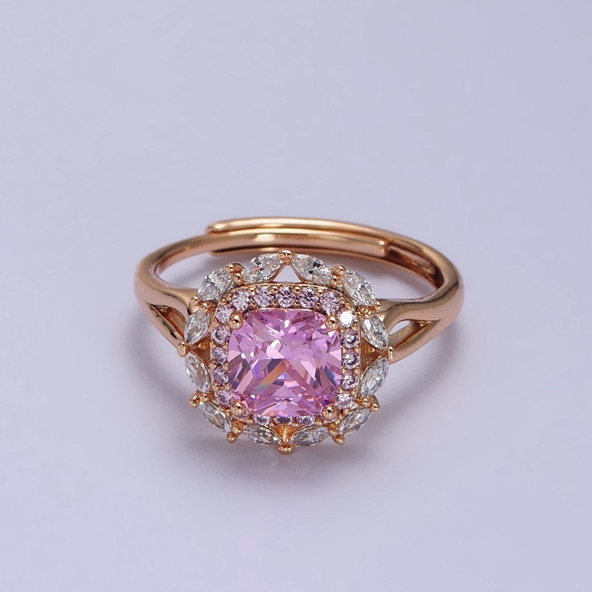 18K Gold plated Pink CZ Square Clear Micro Paved Marquise Adjustable Ring | Y-585 - DLUXCA