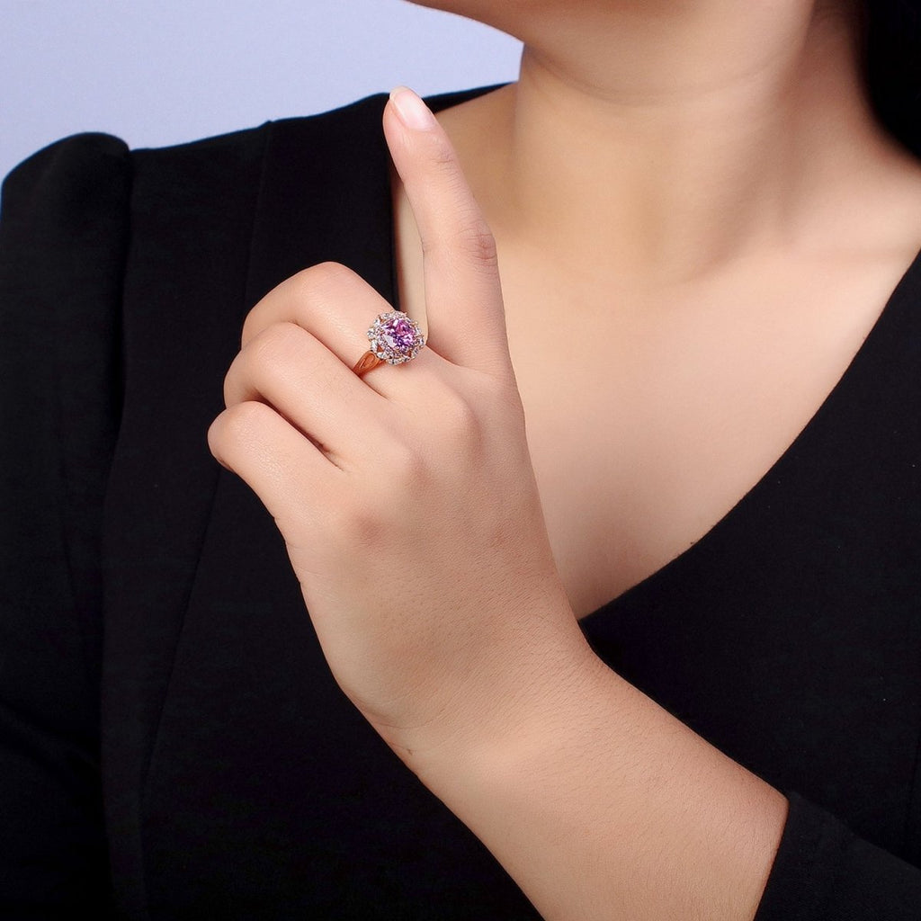18K Gold plated Pink CZ Square Clear Micro Paved Marquise Adjustable Ring | Y-585 - DLUXCA
