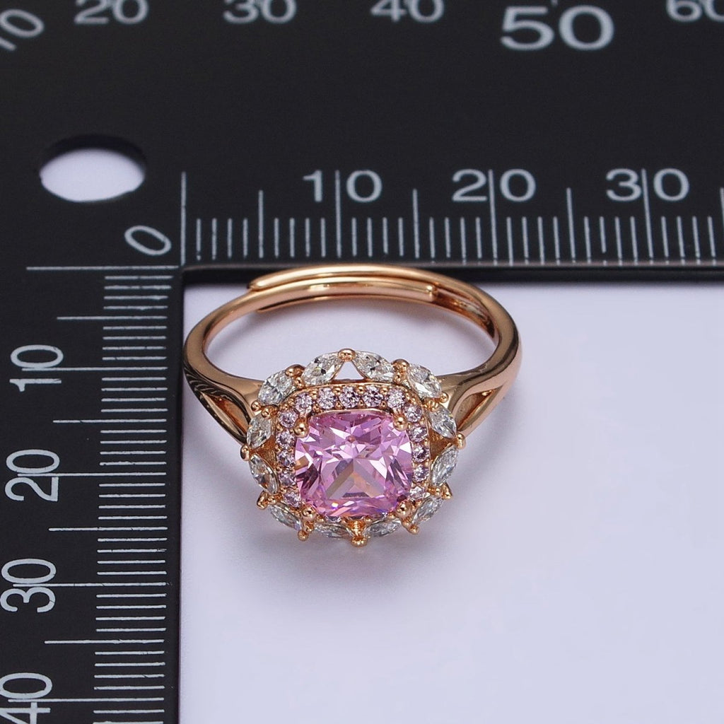 18K Gold plated Pink CZ Square Clear Micro Paved Marquise Adjustable Ring | Y-585 - DLUXCA