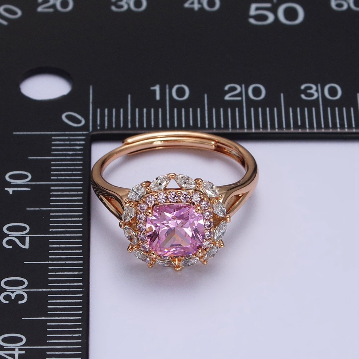 18K Gold plated Pink CZ Square Clear Micro Paved Marquise Adjustable Ring | Y-585 - DLUXCA