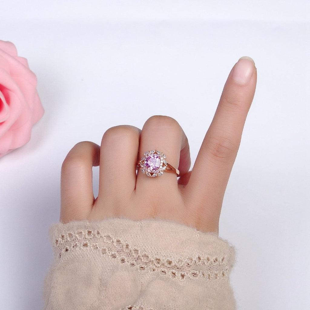 18K Gold plated Pink CZ Square Clear Micro Paved Marquise Adjustable Ring | Y-585 - DLUXCA